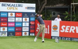 DP World PGTI Order of Merit leader Saptak Talwar tees-off during the practice round of the Bengaluru Open 2026
