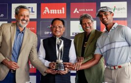 Honourable Chief Minister of Chhattisgarh Shri Vishnu Deo Sai practices putting in the presence of DP World PGTI President Mr. Kapil Dev and leading Indian professional golfers at the inauguration ceremony of the Nava Raipur Open 2026
